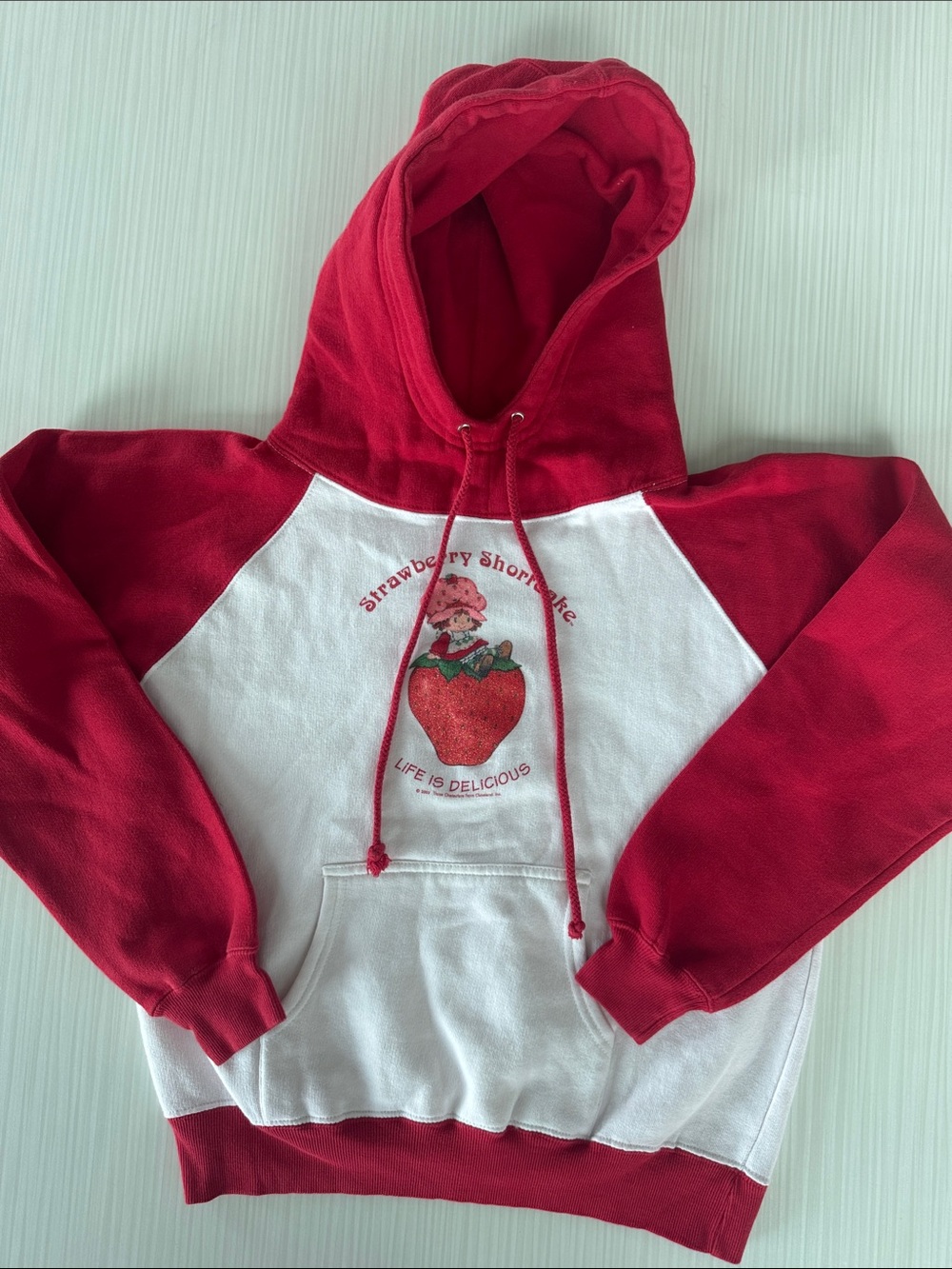 Vintage Strawberry Shortcake Colorblock Hoodie with Glitter Strawberry Medium